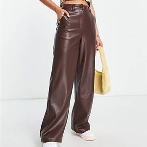Topshop Chocolate Faux Leather Wide Leg Pants